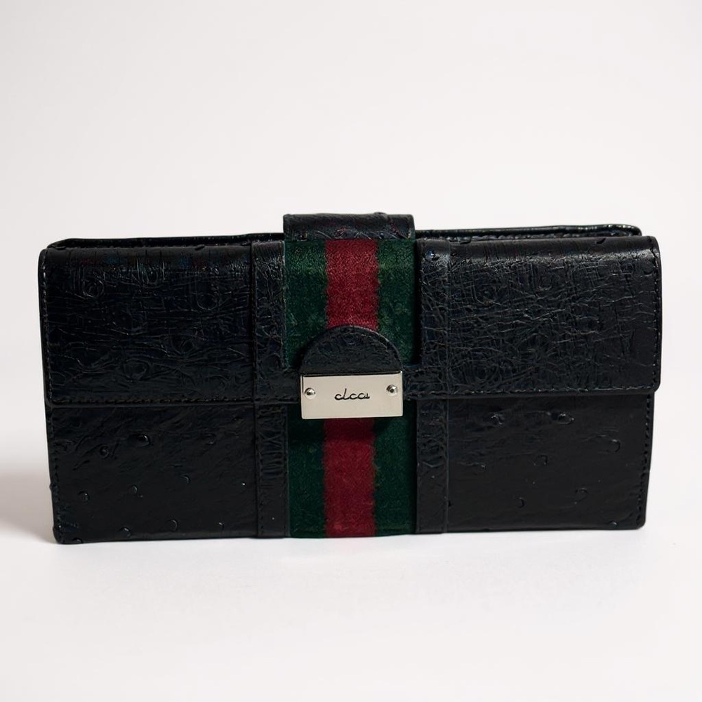Gucci Black Ostrich Leather Wallet/Clutch Sherry Line